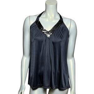 Express Grey Silky Halter Top Mesh Chain Mail V-Neck Party Club Small Metallic